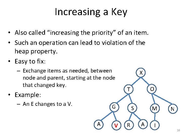 Increasing a Key • Also called “increasing the priority” of an item. • Such