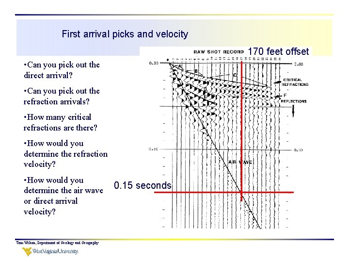 First arrival picks and velocity 170 feet offset • Can you pick out the