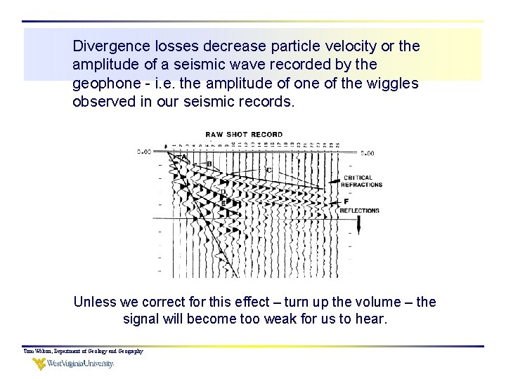 Divergence losses decrease particle velocity or the amplitude of a seismic wave recorded by