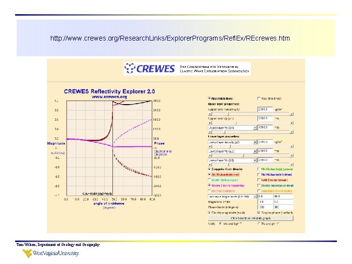 http: //www. crewes. org/Research. Links/Explorer. Programs/Refl. Ex/REcrewes. htm Tom Wilson, Department of Geology and