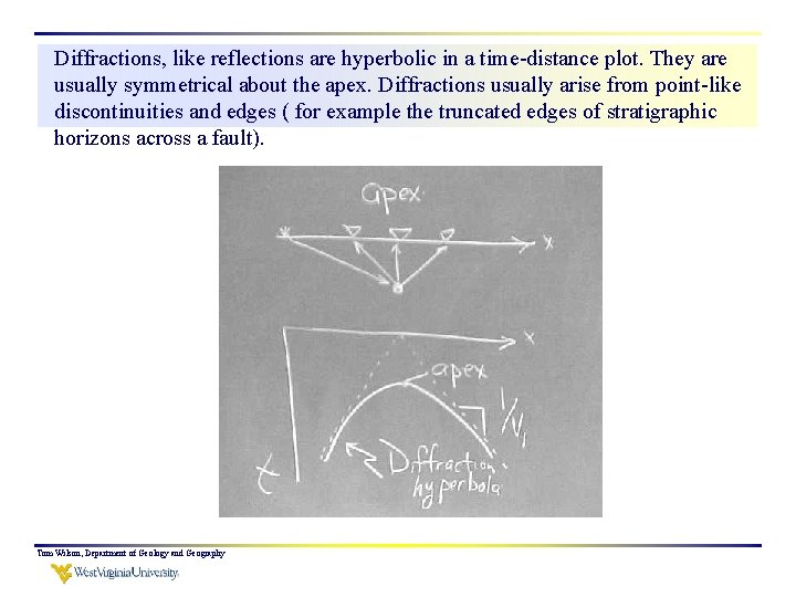 Diffractions, like reflections are hyperbolic in a time-distance plot. They are usually symmetrical about