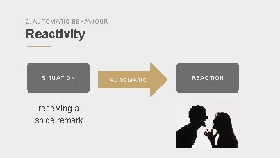 2. AUTOMATIC BEHAVIOUR Reactivity SITUATION receiving a snide remark AUTOMATIC REACTION 