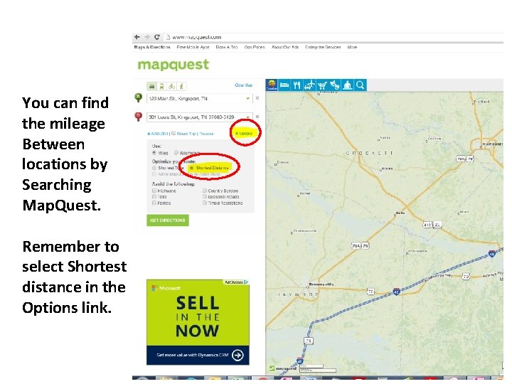 You can find the mileage Between locations by Searching Map. Quest. Remember to select