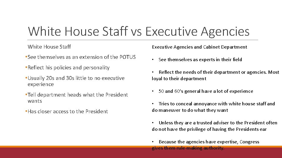 White House Staff vs Executive Agencies White House Staff • See themselves as an