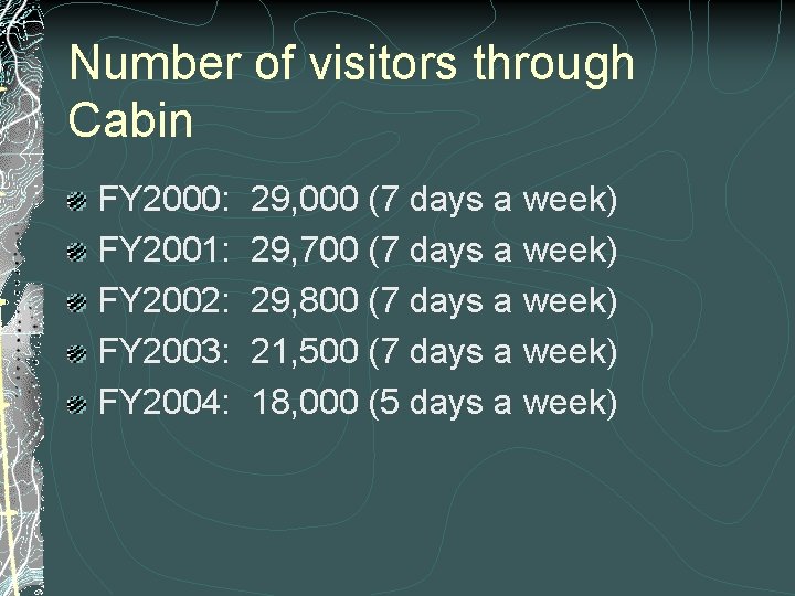 Number of visitors through Cabin FY 2000: FY 2001: FY 2002: FY 2003: FY