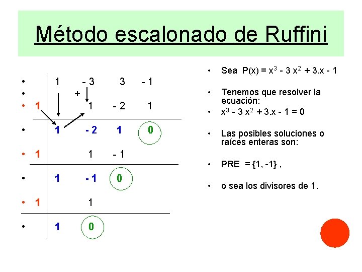Método escalonado de Ruffini • • • 1 1 • 1 • 3 -1 Método escalonado de Ruffini • • • 1 1 • 1 • 3 -1