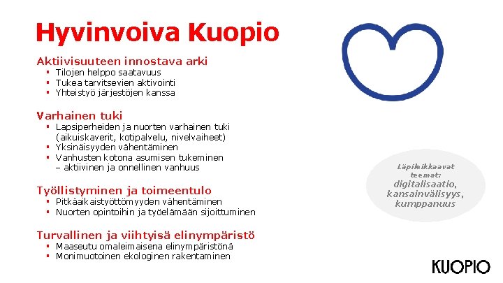 Hyvinvoiva Kuopio Aktiivisuuteen innostava arki Tilojen helppo saatavuus Tukea tarvitsevien aktivointi Yhteistyö järjestöjen kanssa