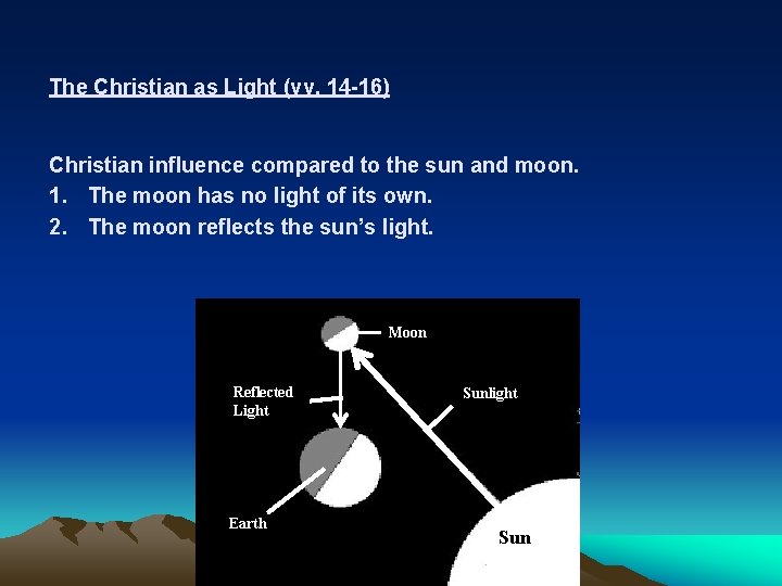The Christian as Light (vv. 14 -16) Christian influence compared to the sun and