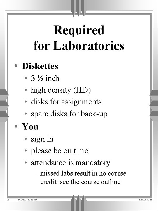 Required for Laboratories • Diskettes • • 3 ½ inch high density (HD) disks