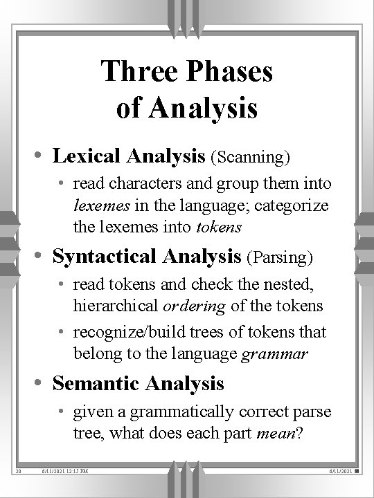 Three Phases of Analysis • Lexical Analysis (Scanning) • read characters and group them