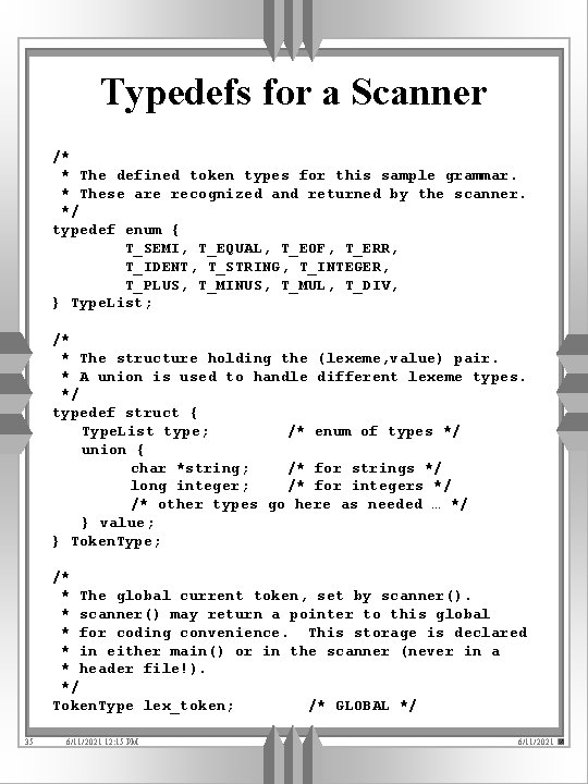 Typedefs for a Scanner /* * The defined token types for this sample grammar.