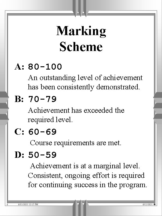 Marking Scheme A: 80 -100 An outstanding level of achievement has been consistently demonstrated.