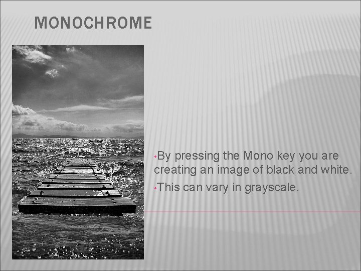 MONOCHROME • By pressing the Mono key you are creating an image of black