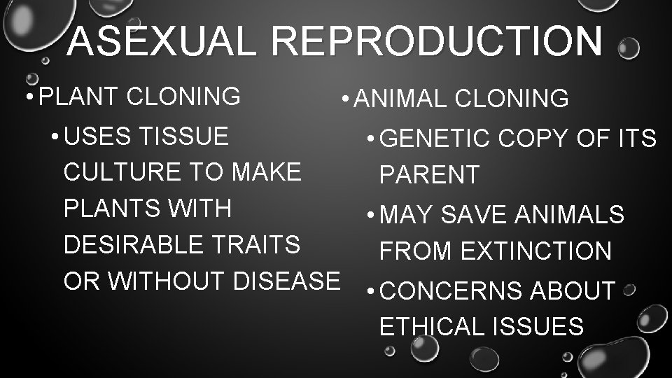 ASEXUAL REPRODUCTION • PLANT CLONING • ANIMAL CLONING • USES TISSUE • GENETIC COPY