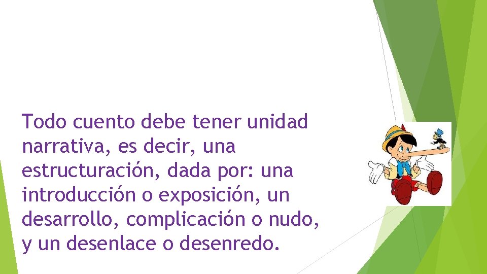 Todo cuento debe tener unidad narrativa, es decir, una estructuración, dada por: una introducción