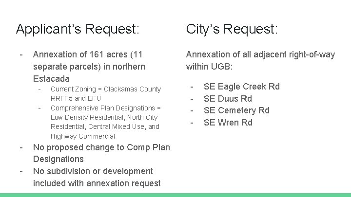 Applicant’s Request: - Annexation of 161 acres (11 separate parcels) in northern Estacada -