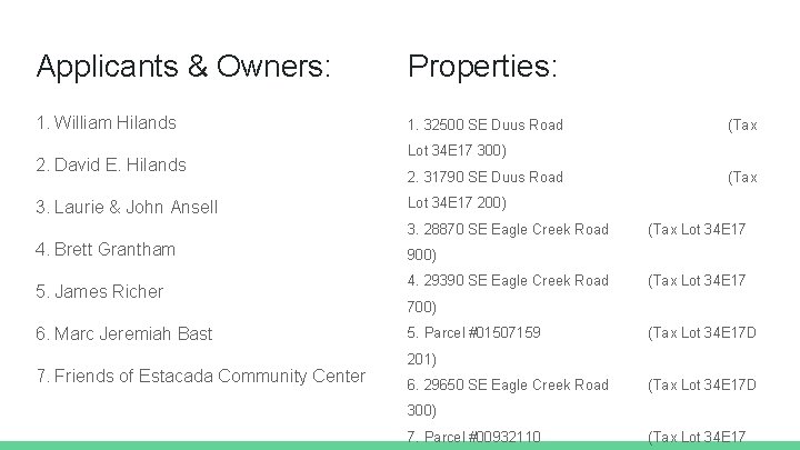 Applicants & Owners: Properties: 1. William Hilands 1. 32500 SE Duus Road 2. David