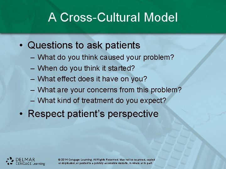 A Cross-Cultural Model • Questions to ask patients – – – What do you