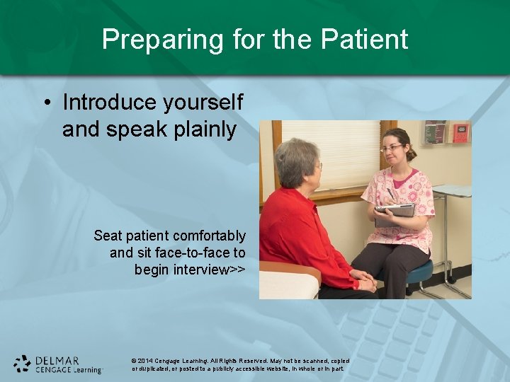 Preparing for the Patient • Introduce yourself and speak plainly Seat patient comfortably and