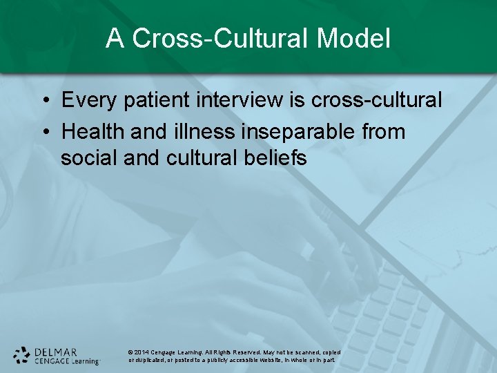 A Cross-Cultural Model • Every patient interview is cross-cultural • Health and illness inseparable