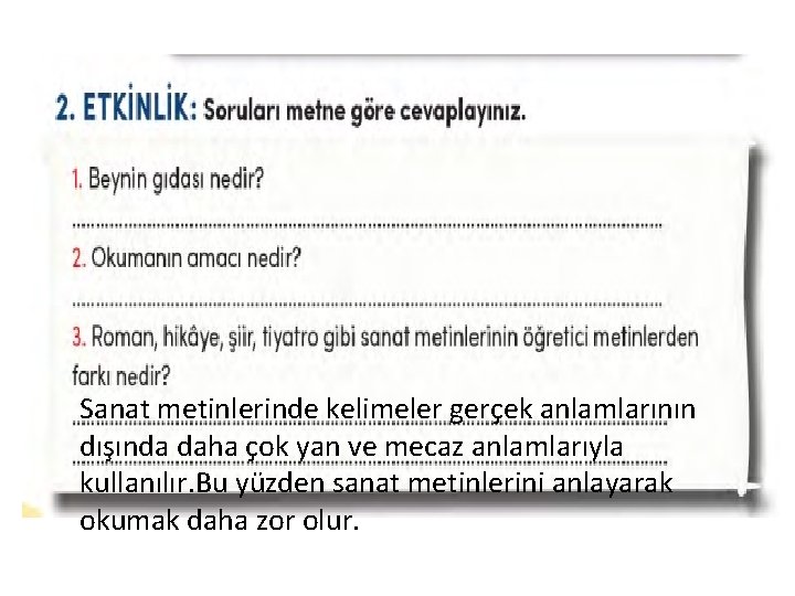 Sanat metinlerinde kelimeler gerçek anlamlarının dışında daha çok yan ve mecaz anlamlarıyla kullanılır. Bu