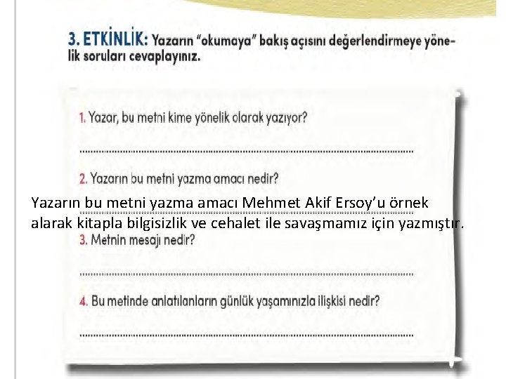 Yazarın bu metni yazma amacı Mehmet Akif Ersoy’u örnek alarak kitapla bilgisizlik ve cehalet