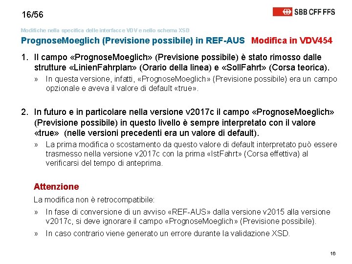 16/56 Modifiche nella specifica delle interfacce VDV e nello schema XSD Prognose. Moeglich (Previsione