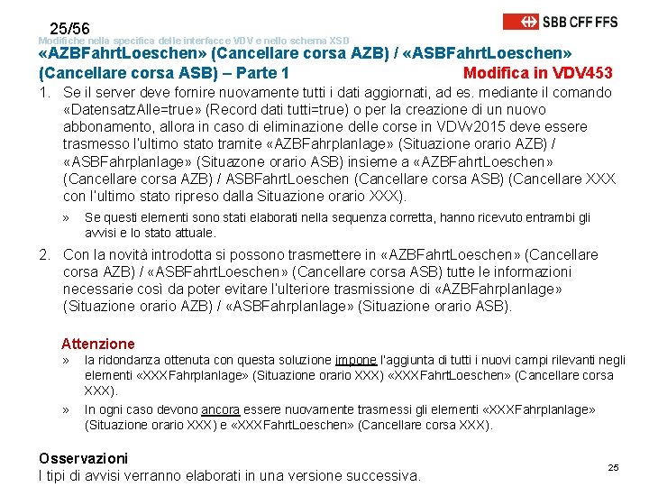 25/56 Modifiche nella specifica delle interfacce VDV e nello schema XSD «AZBFahrt. Loeschen» (Cancellare