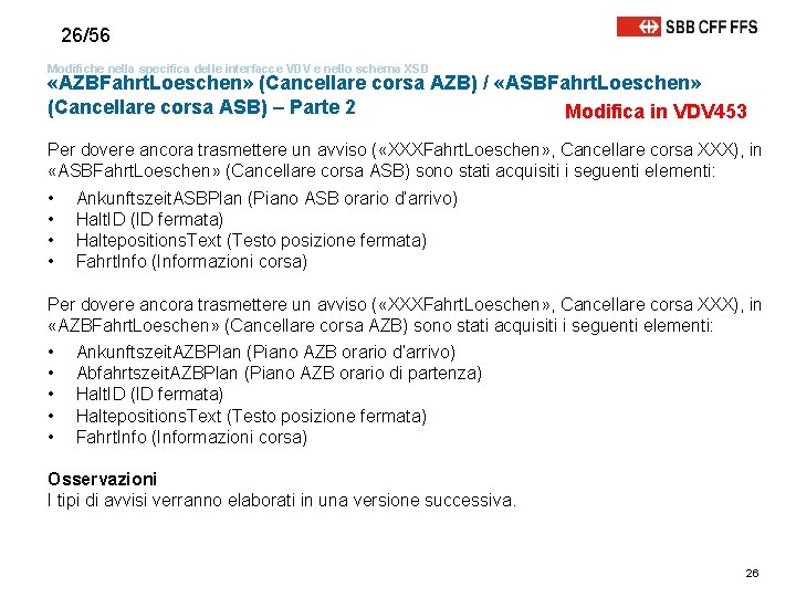 26/56 Modifiche nella specifica delle interfacce VDV e nello schema XSD «AZBFahrt. Loeschen» (Cancellare