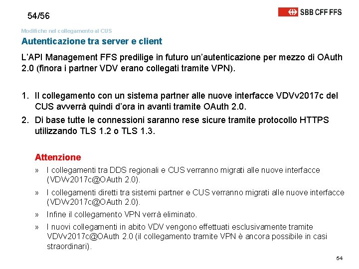 54/56 Modifiche nel collegamento al CUS Autenticazione tra server e client L’API Management FFS