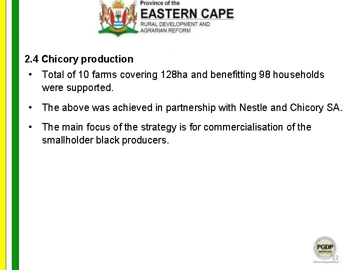 2. 4 Chicory production • Total of 10 farms covering 128 ha and benefitting