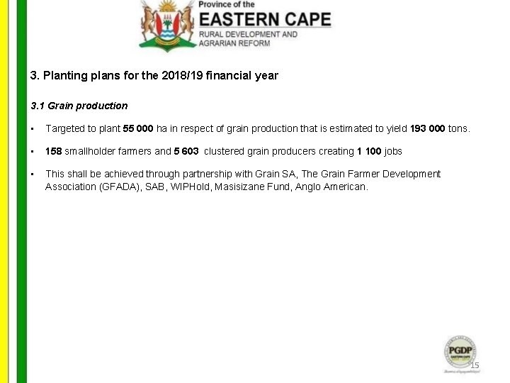 3. Planting plans for the 2018/19 financial year 3. 1 Grain production • Targeted