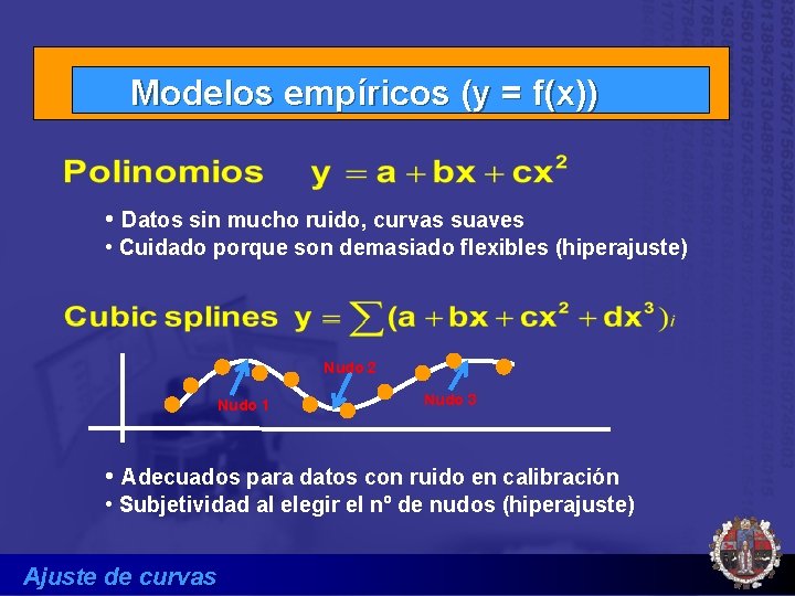 Modelos empíricos (y = f(x)) • Datos sin mucho ruido, curvas suaves • Cuidado