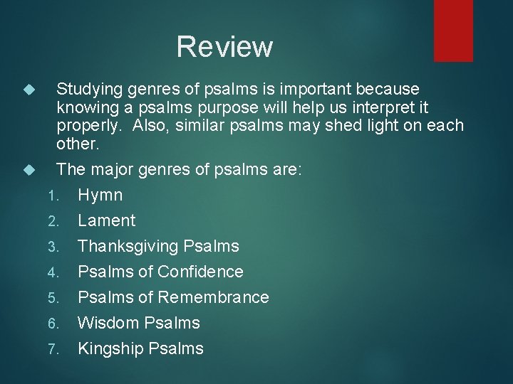 Review Studying genres of psalms is important because knowing a psalms purpose will help