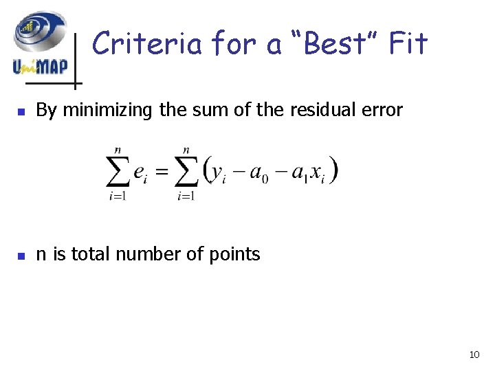 Criteria for a “Best” Fit n By minimizing the sum of the residual error