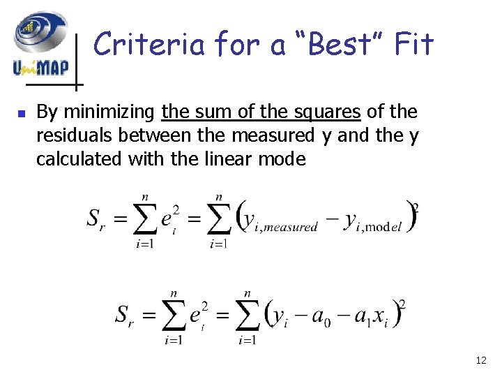 Criteria for a “Best” Fit n By minimizing the sum of the squares of