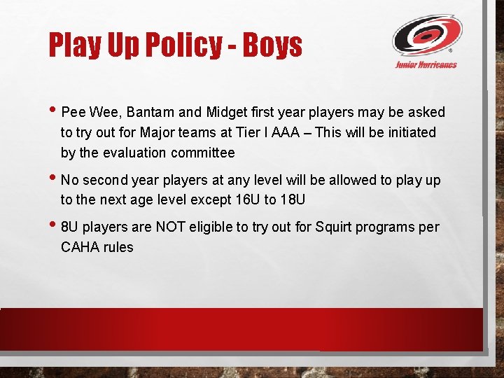 Play Up Policy - Boys • Pee Wee, Bantam and Midget first year players