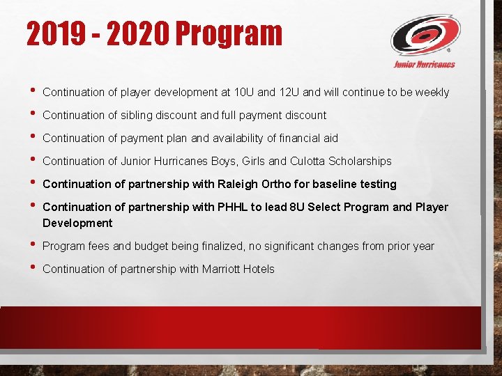 2019 - 2020 Program • • Continuation of player development at 10 U and