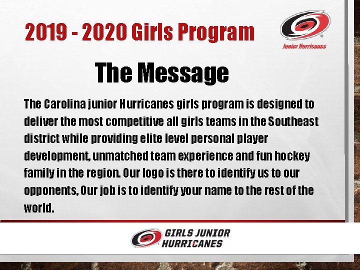 2019 - 2020 Girls Program The Message The Carolina junior Hurricanes girls program is