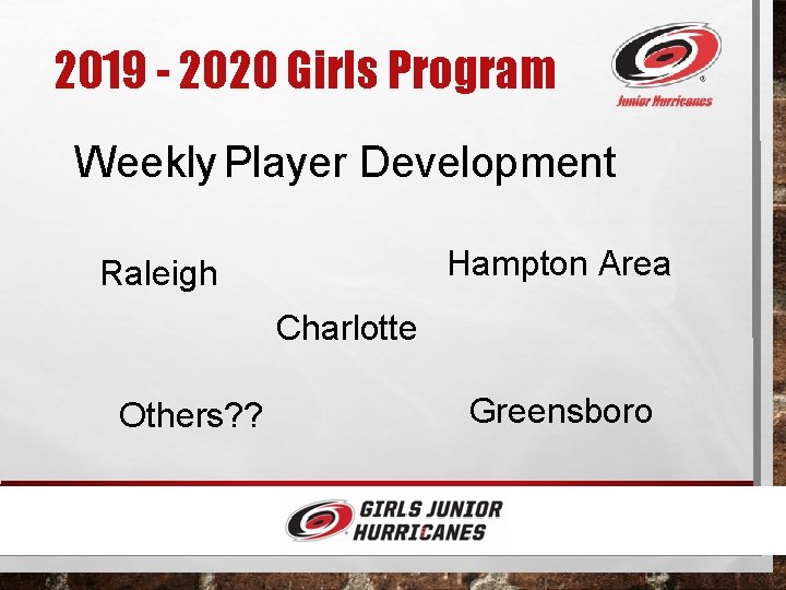 2019 - 2020 Girls Program Weekly Player Development Hampton Area Raleigh Charlotte Others? ?