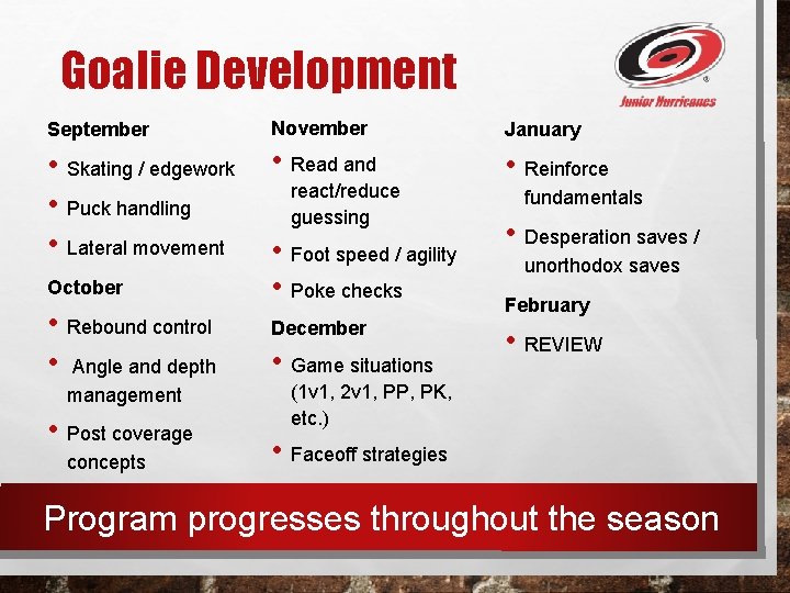 Goalie Development September November January • Skating / edgework • Puck handling • Lateral
