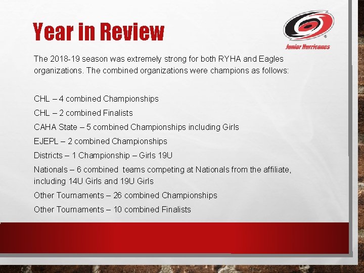 Year in Review The 2018 -19 season was extremely strong for both RYHA and