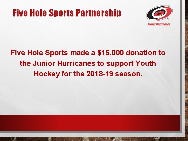 Five Hole Sports Partnership Five Hole Sports made a $15, 000 donation to the