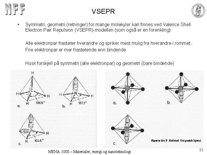 VSEPR • Symmetri, geometri (retninger) for mange molekyler kan finnes ved Valence Shell Electron