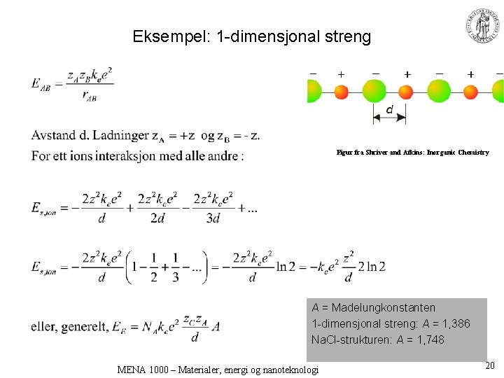 Eksempel: 1 -dimensjonal streng Figur fra Shriver and Atkins: Inorganic Chemistry A = Madelungkonstanten