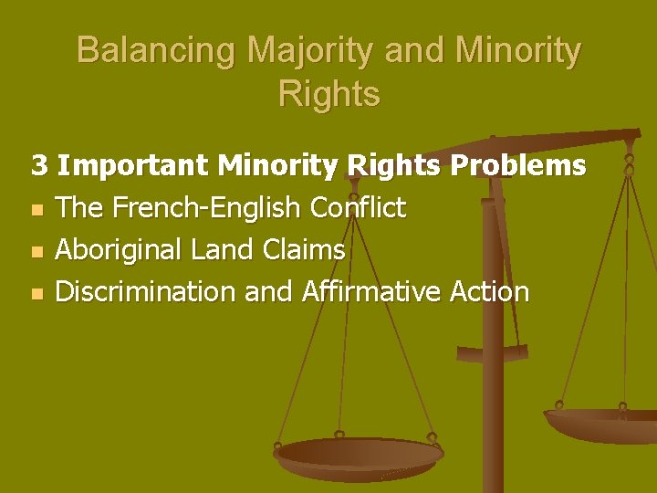 Balancing Majority and Minority Rights 3 Important Minority Rights Problems n The French-English Conflict