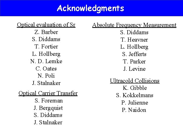 Acknowledgments Optical evaluation of Sr Z. Barber S. Diddams T. Fortier L. Hollberg N.