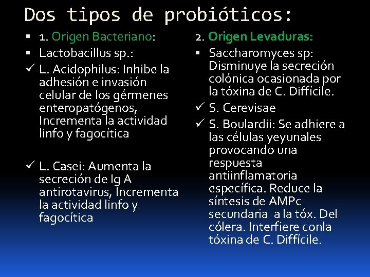 Dos tipos de probióticos: 1. Origen Bacteriano: Lactobacillus sp. : ü L. Acidophilus: Inhibe Dos tipos de probióticos: 1. Origen Bacteriano: Lactobacillus sp. : ü L. Acidophilus: Inhibe