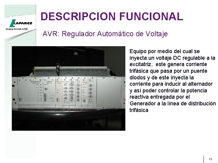DESCRIPCION FUNCIONAL AVR: Regulador Automático de Voltaje Equipo por medio del cual se inyecta DESCRIPCION FUNCIONAL AVR: Regulador Automático de Voltaje Equipo por medio del cual se inyecta