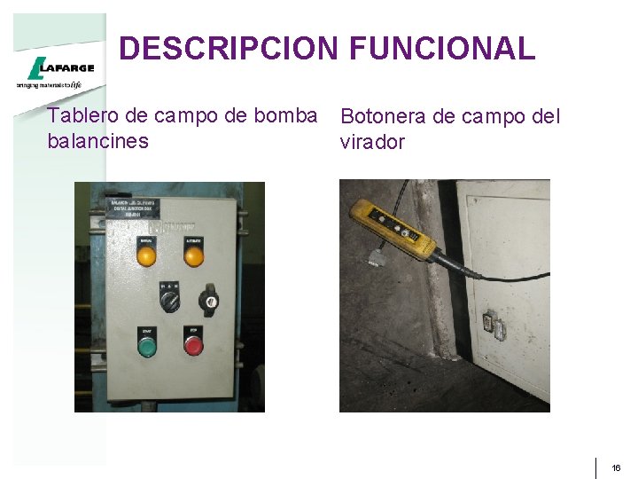 DESCRIPCION FUNCIONAL Tablero de campo de bomba balancines Botonera de campo del virador 16